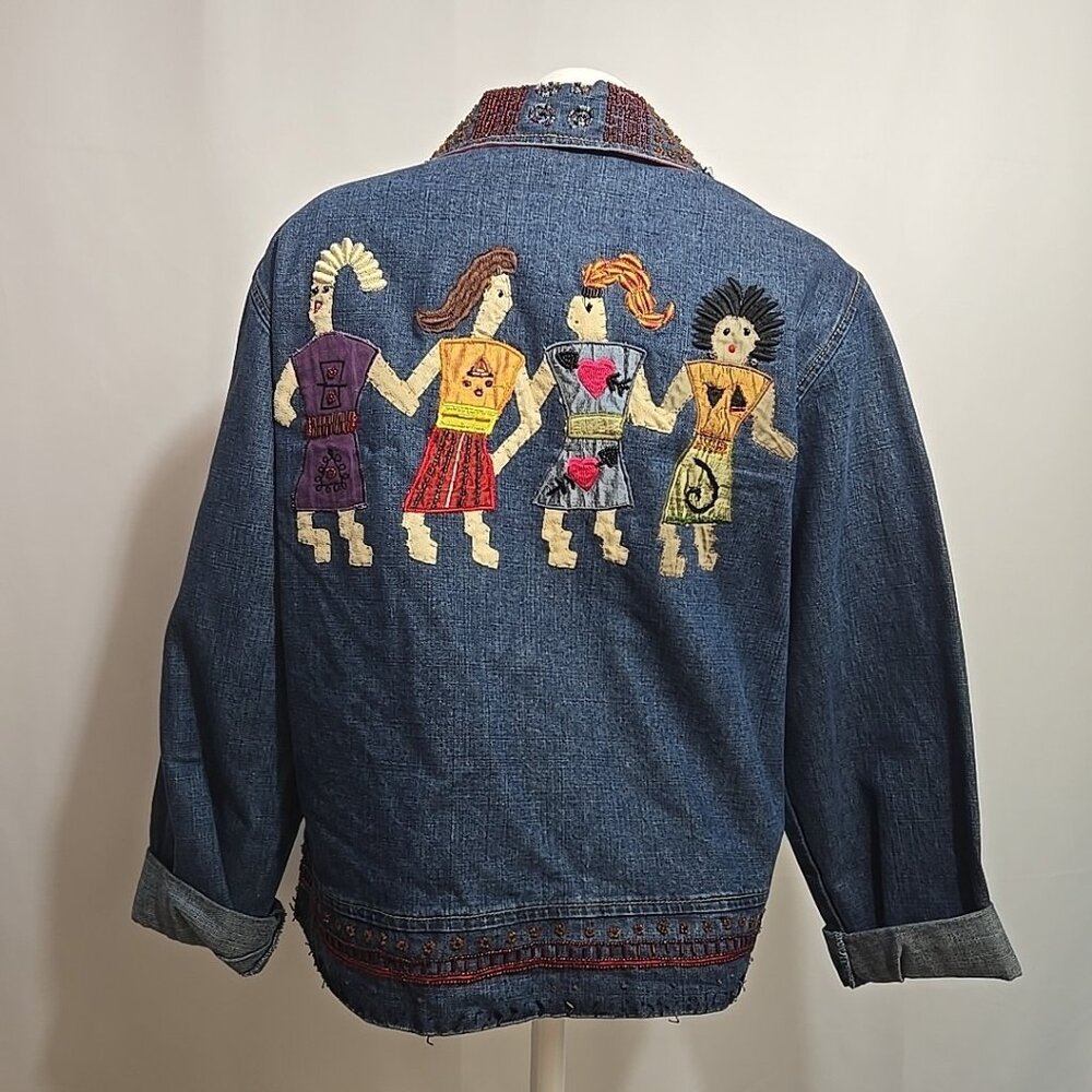 Chicos Design Denim Jacket Size 0 (=S) Colorful Embroidery Beaded Silk Applique'